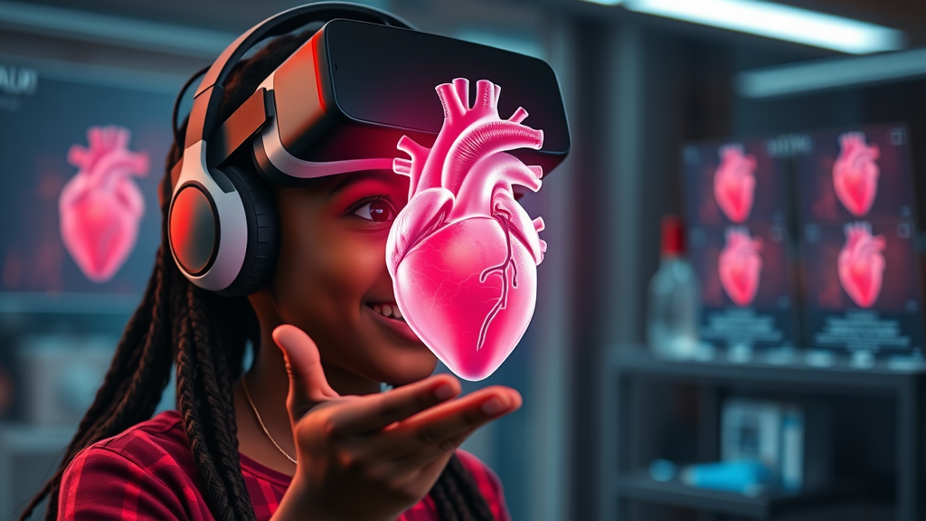 African girl wearing VR headset, studying a floating 3D hologram of a beating human heart in a futuristic science classroom