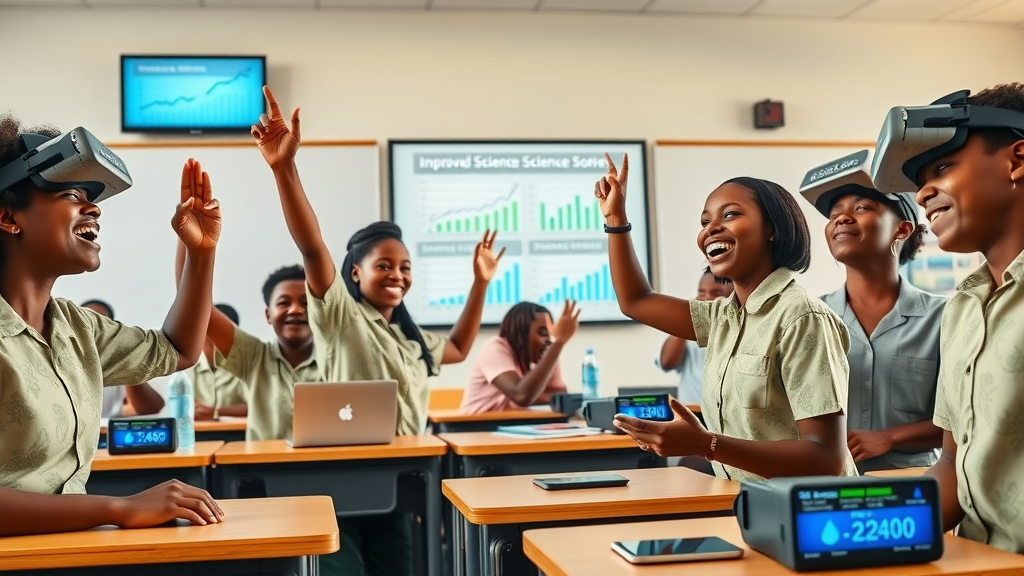African students celebrating improved science results in a VR classroom, digital charts showing increased scores