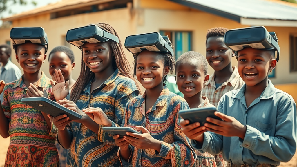 African school community using affordable VR and solar-powered stations, bridging the digital divide in playful science learning