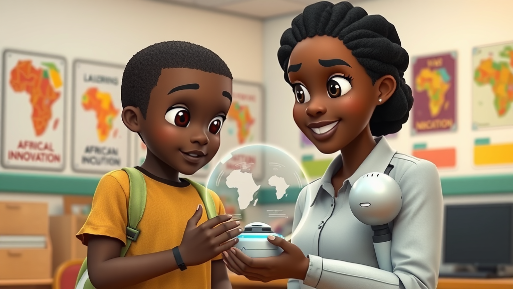 African teacher and student learning with an AI-driven classroom robot, human-centered learning with ethics in Africa