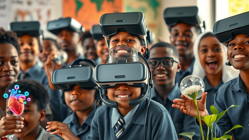 Collage: African students of all personalities engaging with playful VR science activities, digital hearts and virtual atoms, science education revolution