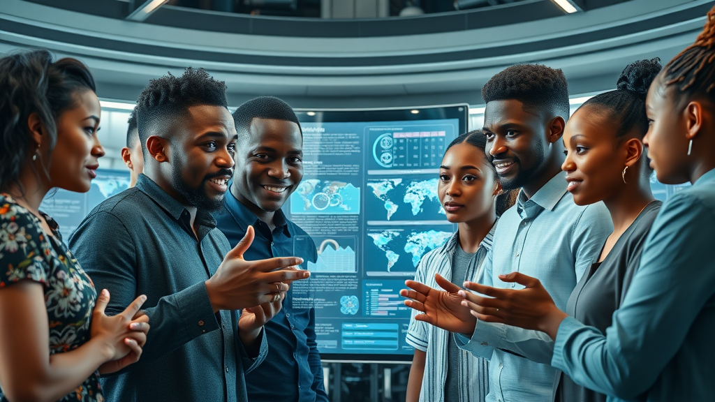 Young African innovators at futuristic tech news hub, discussing digital futures and educational breakthroughs