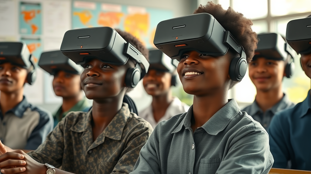 African students using VR headsets in a modern classroom, learning STEM skills through hands-on virtual reality