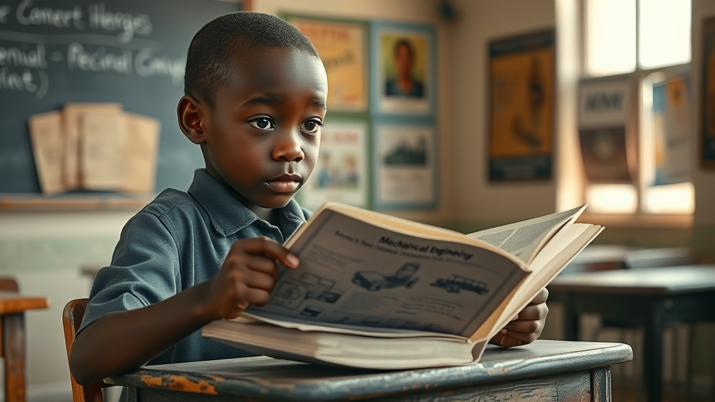 Curious African schoolchild looking puzzled while studying a mechanical engineering textbook at wooden desk