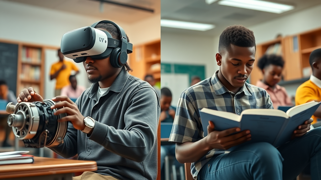 Split image: African students assembling a virtual engine using VR versus bored students with textbooks