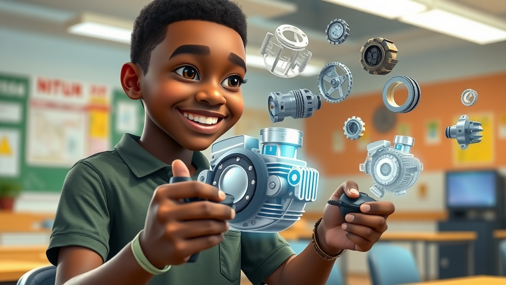 African teenager actively assembling virtual motorcycle engine using VR hand controllers in a vibrant classroom