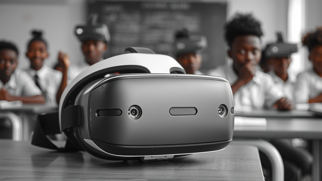 VR headset on classroom table, African students prepare for virtual learning experience