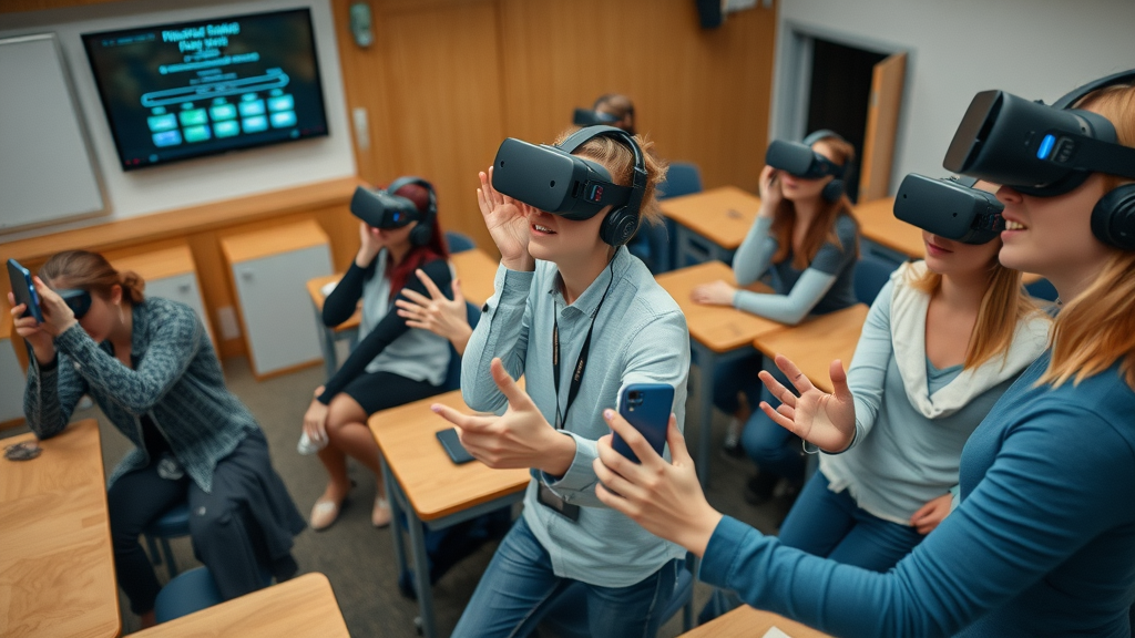 Classroom with VR positional tracking sensors and students engaging with digital prompts