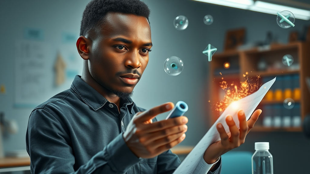 African student interacting with floating schematics and objects in a futuristic VR classroom laboratory