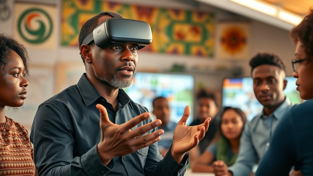 African educator discussing VR ethics with students in a culturally rich classroom