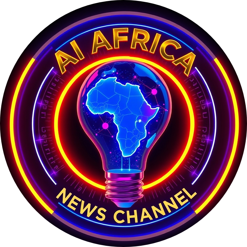 Futuristic 3D logo with glowing light bulb, 'AI AFRICA' text, and chrome accents.